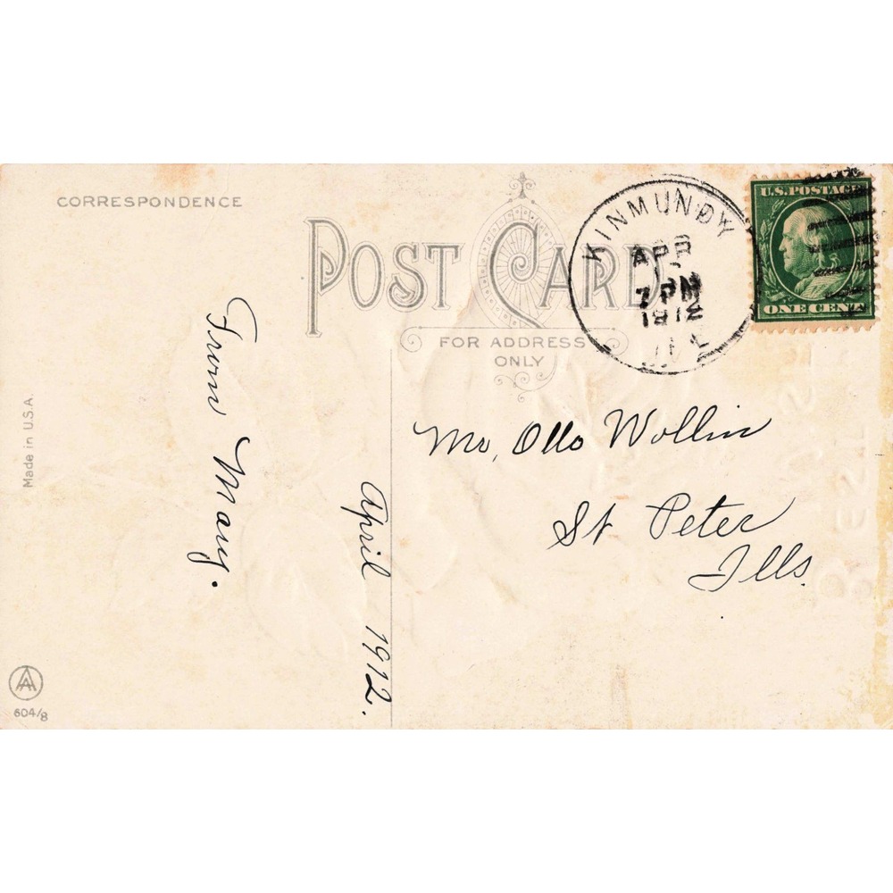 Vintage 1912 Best Wishes Postcard Red Rose Embossed Kinmundy IL Postmark 604/8 - Picture 2 of 2